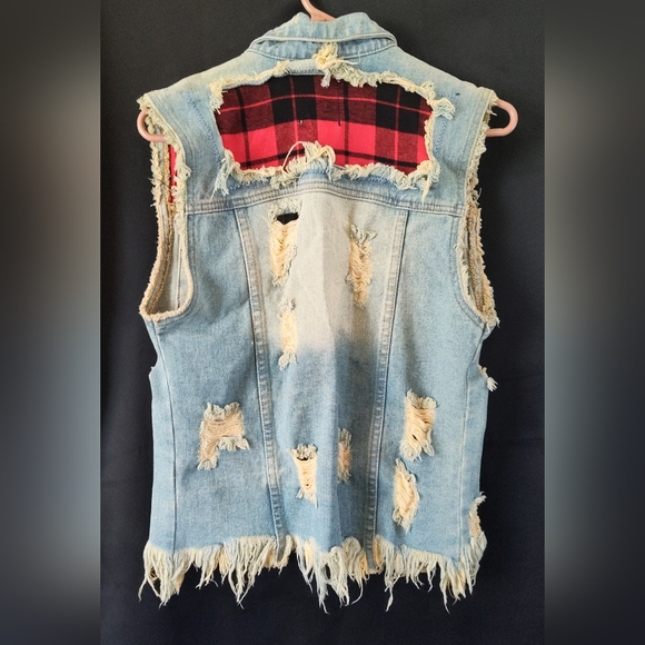UNIF Distressed Denim and Red Flannel Vest - Picture 7 of 12